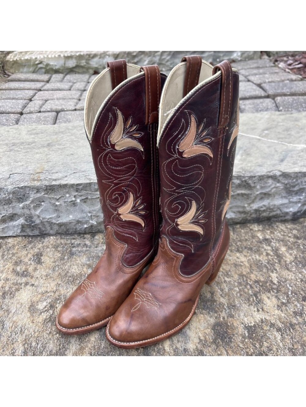 Vintage Dingo Acme Tulip Cowgirl Boots 7.5 Tooled Leather USA Made Embroidered